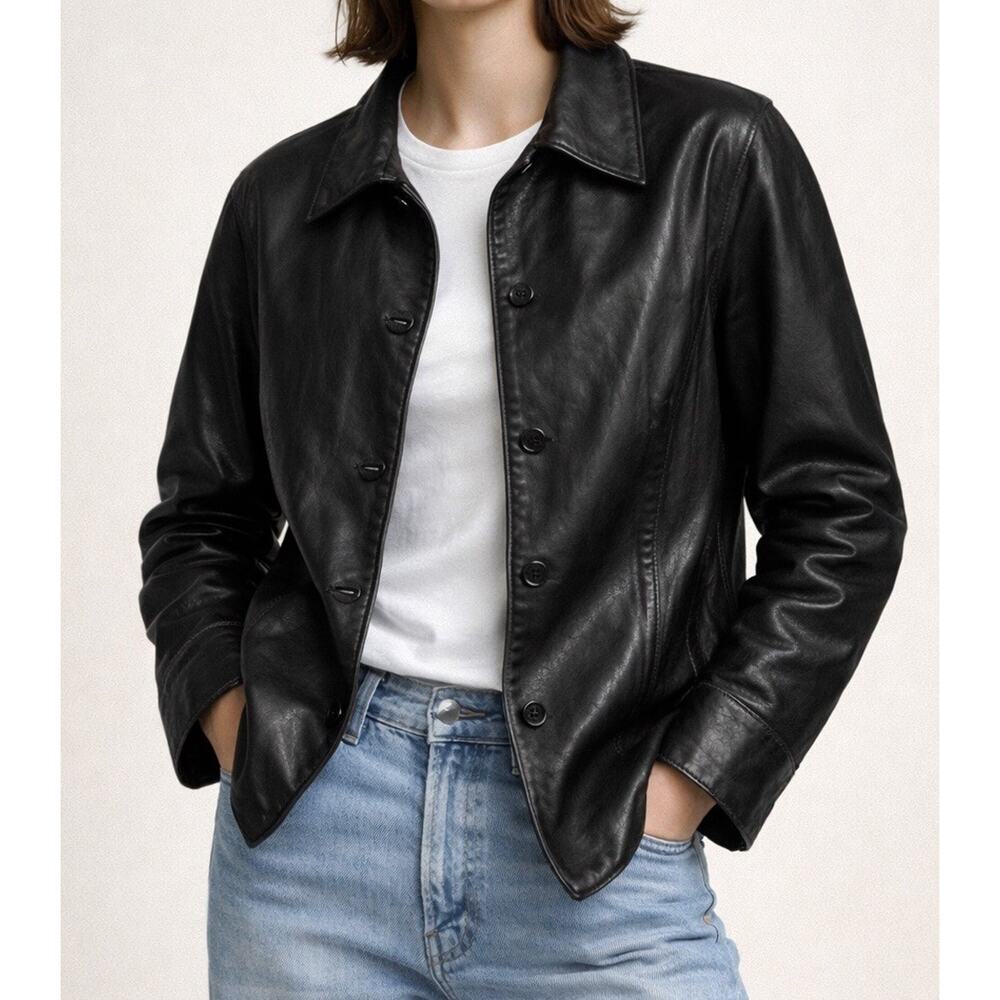 Vintage 90s GAP Black Leather Jacket Women's Size Medium Minimalist Button Front